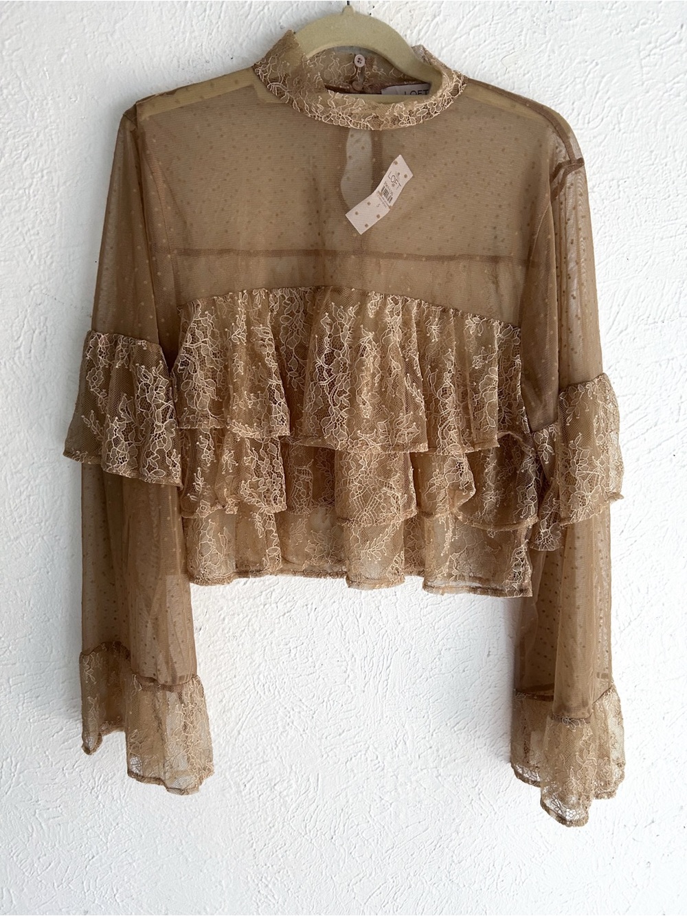 LOFT Sheer Swiss Dot Lace Ruffle Mock Neck Blouse Romantic Whimsigoth Small NWT